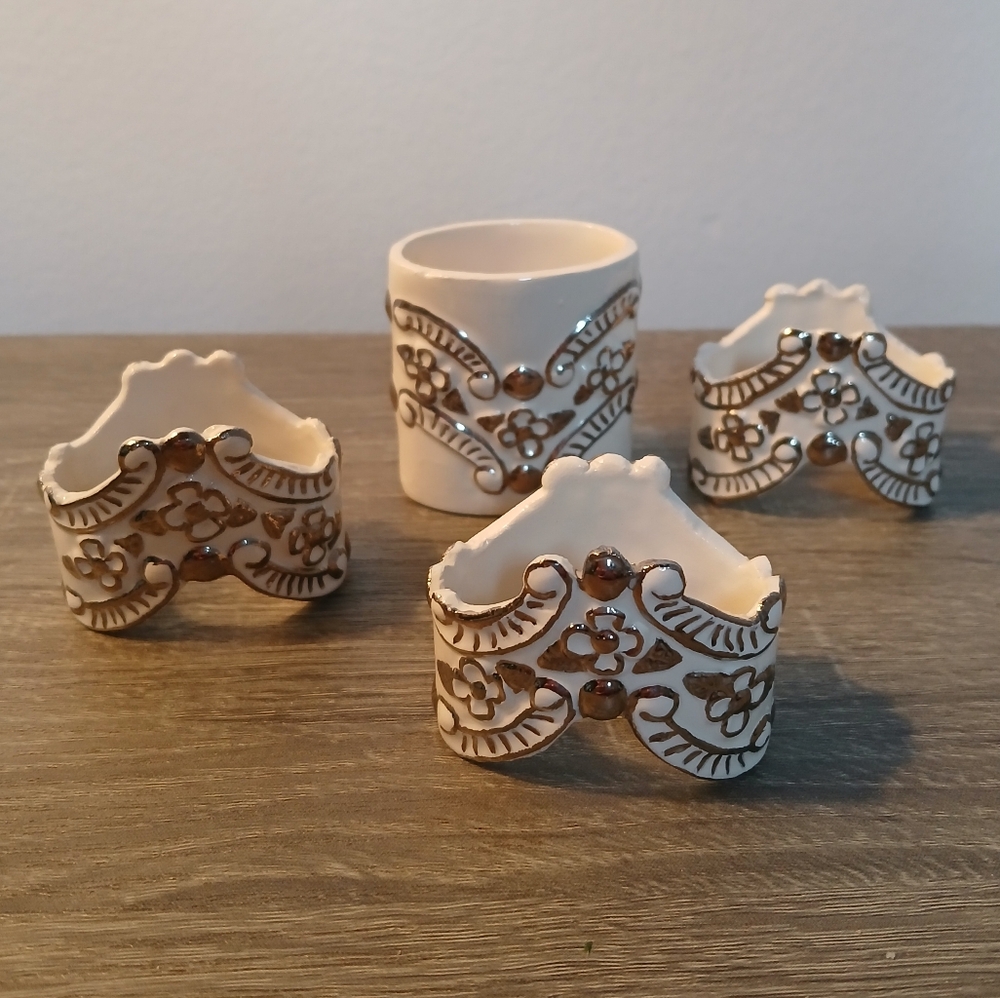 Vintage 60s Handmade Ceramic Toothpick Holder with 3 Matching Napkin Rings